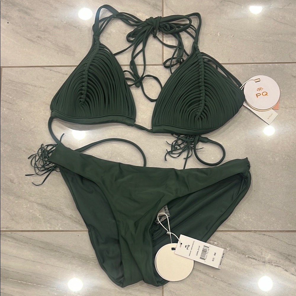 PQ swim green bikini. Isla top and basic ruched fill bottoms. Top-L bottoms M